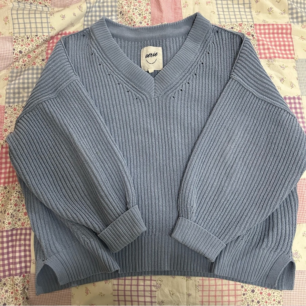 Aerie Blue V-Neck Ribbed Sweater
